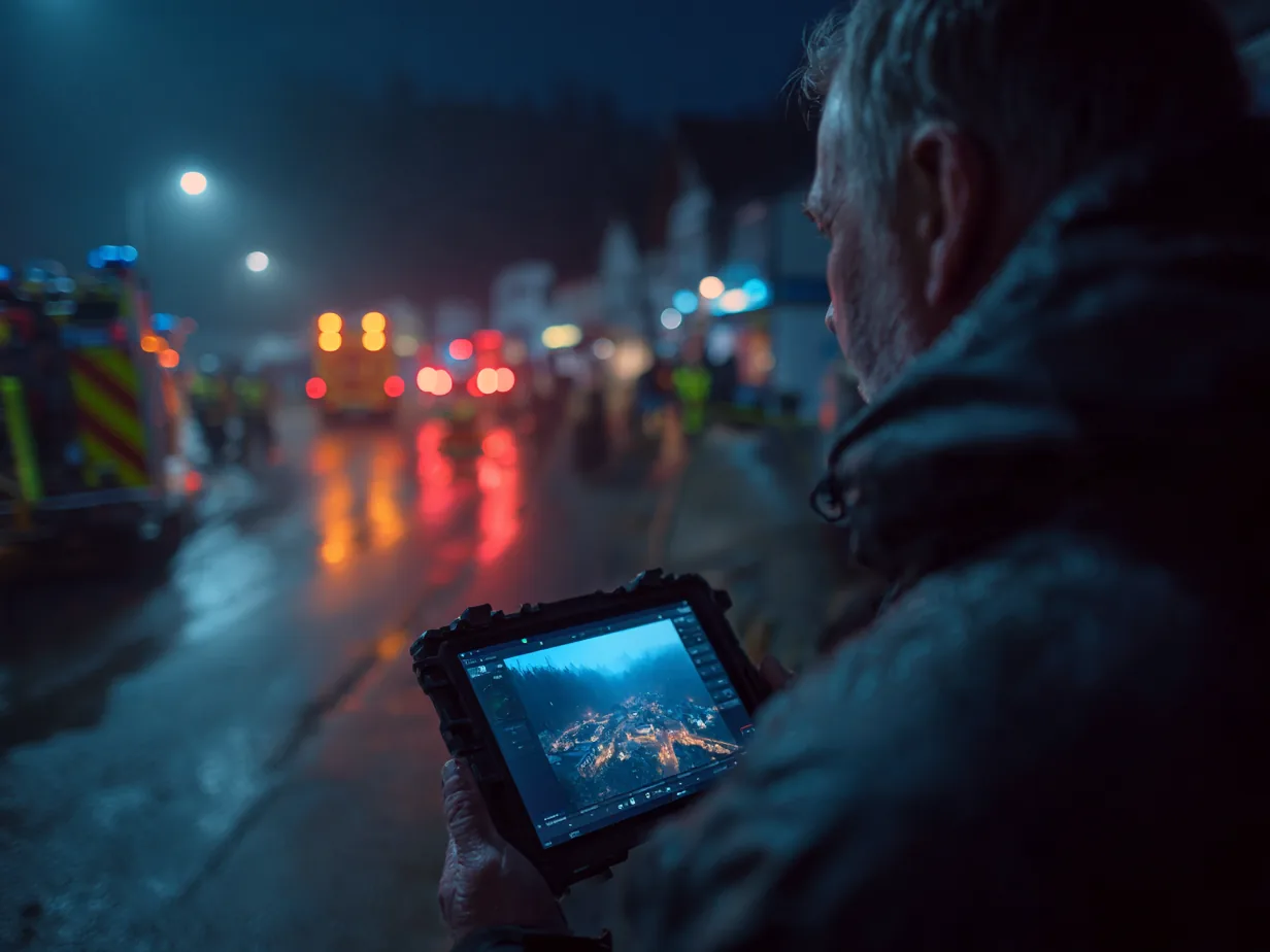 Incident commander viewing a live aerial feed on a tablet